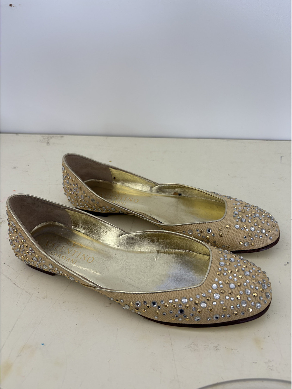 Valentino Garavani Beige and Rhinestone Flats, Size 39